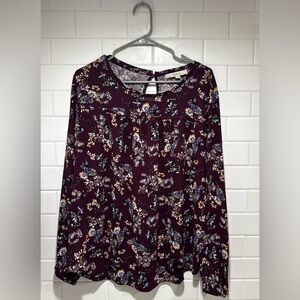 LOFT Plum Floral Long Sleeve Blouse - Yoke Detail & Keyhole Back (Size XL)